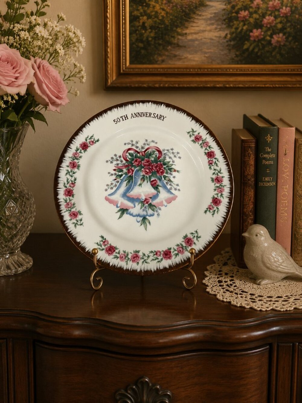 Vintage 50th Anniversary Floral Bells Decorative Plate Gold Trim
